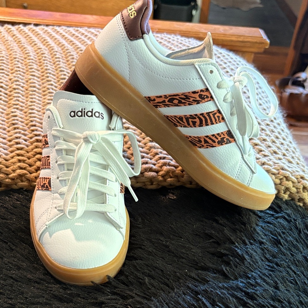 Adidas White Sneakers with Brown Animal Print gum soles NWOT fits 5.5